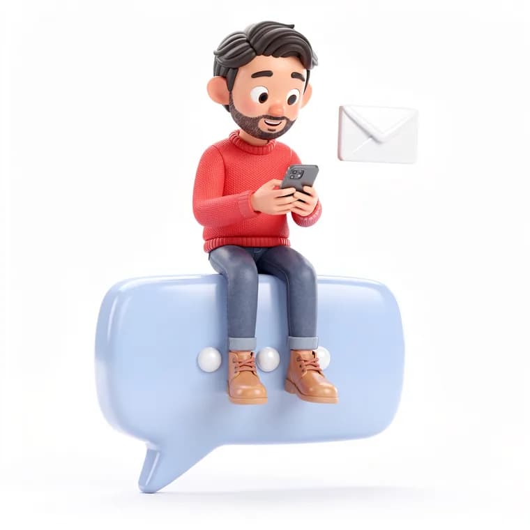 Ilustración de un chico sentado sobre un bocadillo de chat mirando el móvil